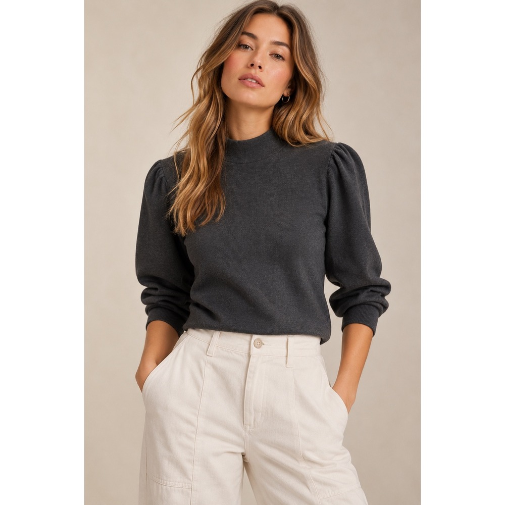 Madewell Women XL Charcoal Gray Mock Neck Puff Shoulder Ribbed Top NB512 NWT